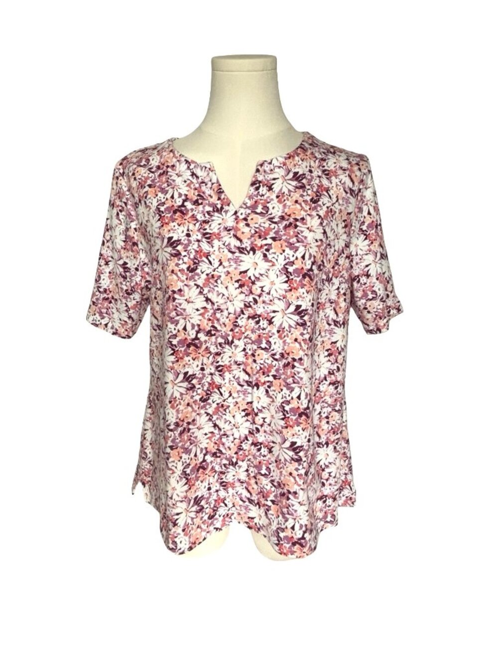 Croft & Barrow PL Split Neck Short Sleeve Floral Top